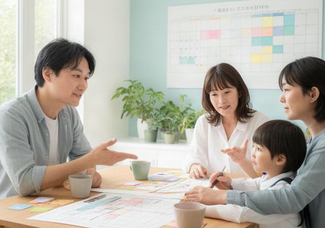 家族が明るいダイニングで年間家計カレンダーを見ながら貯蓄計画を話し合う様子
