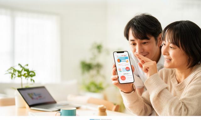 つくばの明るい自宅でスマートフォンの家計簿画面を確認する共働き家庭