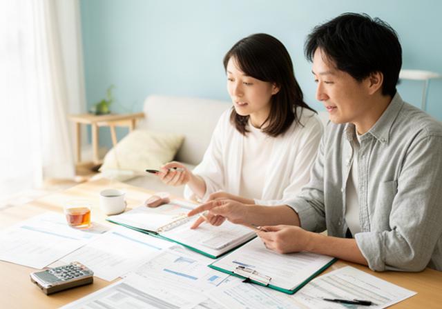 つくばの家庭で家計簿と固定費一覧を見ながら相談する夫婦