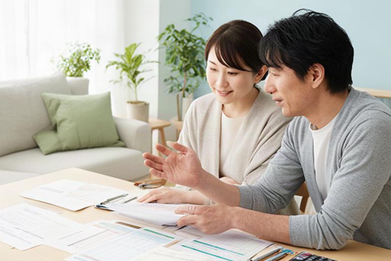 明るいリビングで住宅ローン書類と家計ノートを確認するつくば市の夫婦